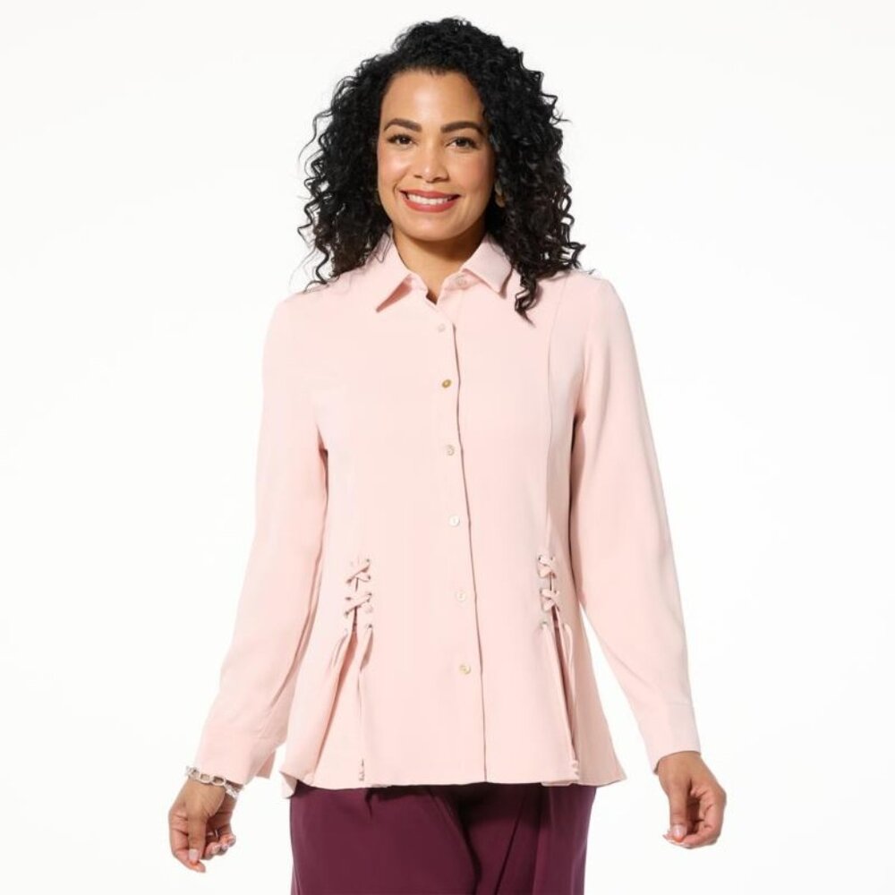 WynneLayers Collared Woven Crepe Shirt with Lace Up Detail Size Medium Soft Pink